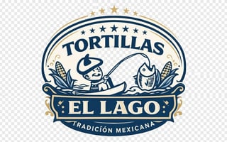 El Lago tortillas logo featuring a man and woman with corn stalks and decorative banner with stars