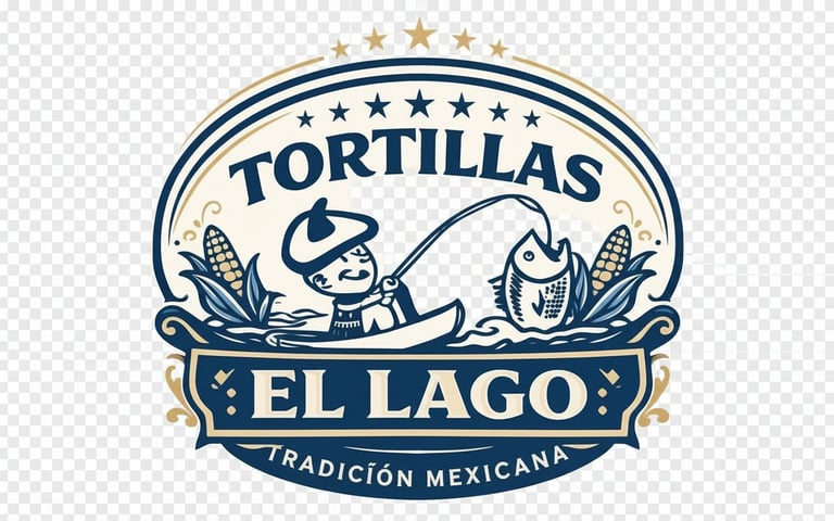 El Lago tortillas logo featuring a man and woman with corn stalks and decorative banner with stars
