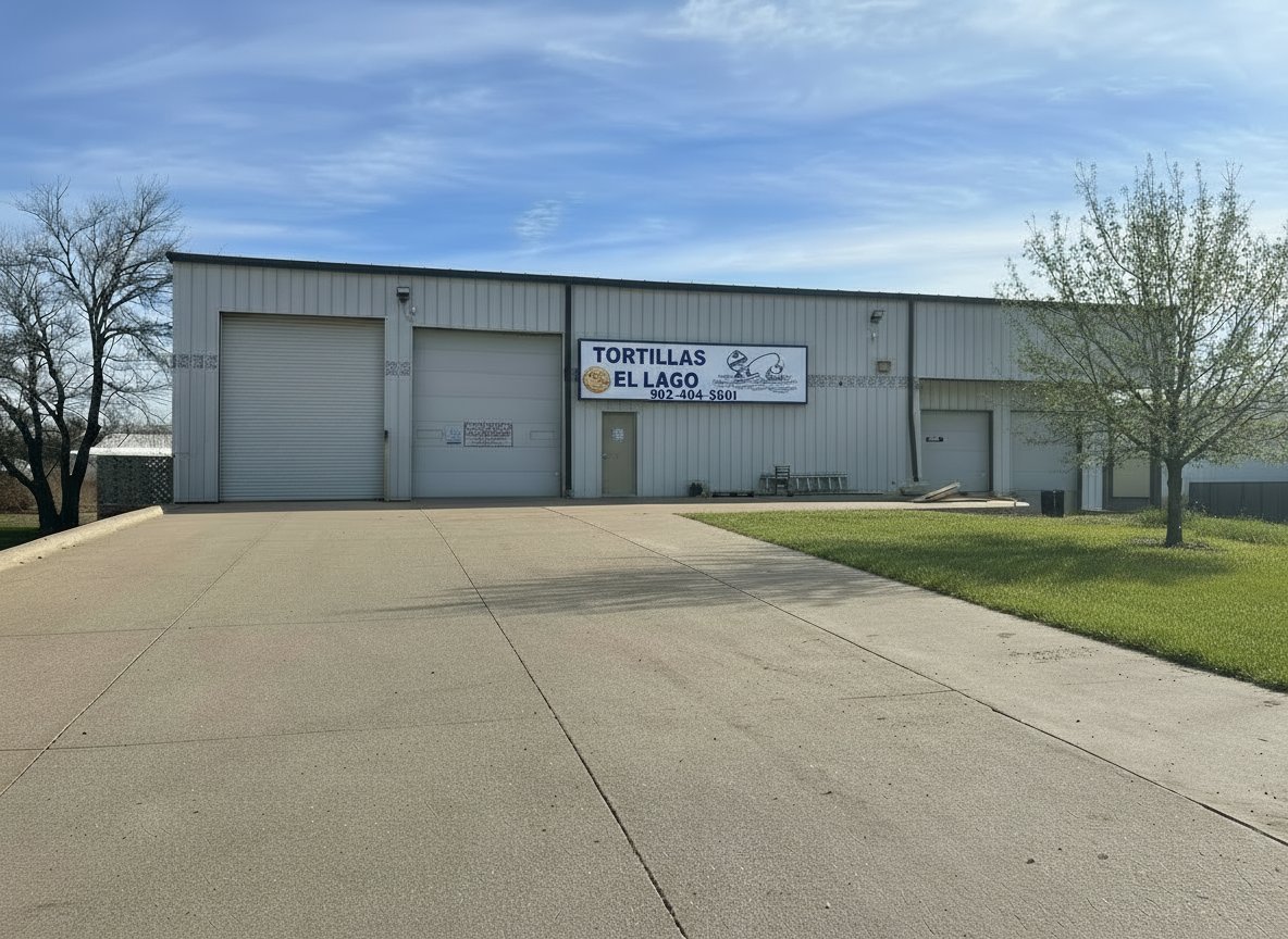 Gray metal warehouse building with Tortillas El Lago sign, concrete driveway, trees, and blue sky